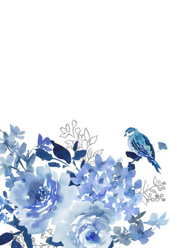 Watercolor Blue Floral Background with Abstract Hand-Painted Roses, Wildflowers, Little Birds, and Silver Botanical Line Art for Wedding Invitations and Greeting Cards