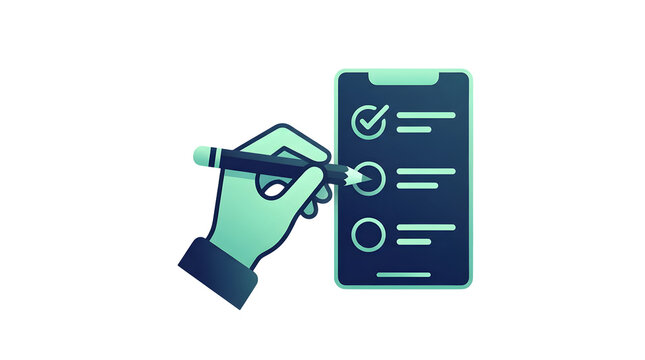 Hand holding a stylus tapping a smartphone screen displaying a checklist with one checked item and two unchecked items