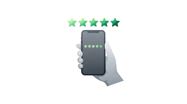 Hand holding a smartphone displaying a glowing five-star rating with five green stars floating above the device against a plain background