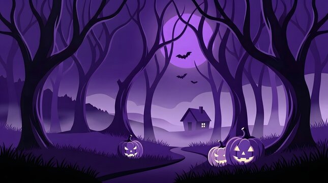 A spooky purple haunted forest background featuring a mysterious cabin silhouette under a full moon with glowing jack o lanterns