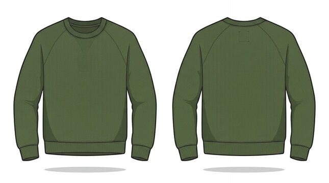 Dark Green Raglan Sleeve Crew Neck Sweatshirt Technical Flat Drawing Front and Back View for Apparel Design