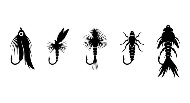 Fly Fishing Lures Set, Insect Imitations, Silhouette Vector Icons, Angling Equipment
