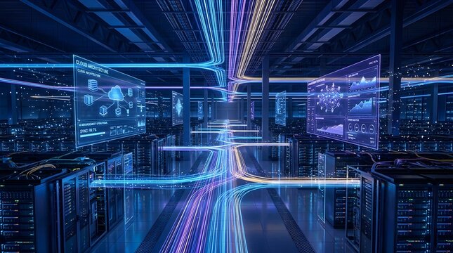 Futuristic data center corridor connected by high speed light streams
