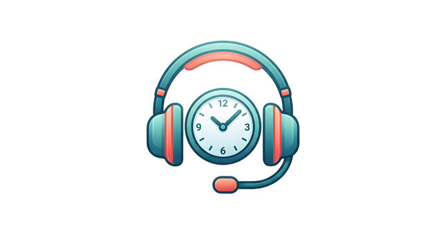 Flat design illustration of teal and coral headphones with a built-in clock face showing the time