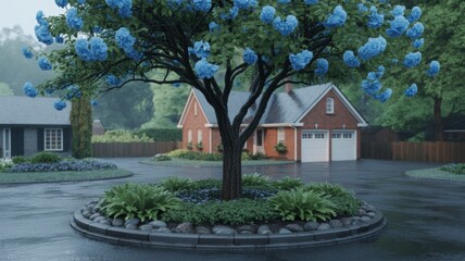 Obraz premium Suburban Street Scene With Brick Houses And Blue Flowered Tree In Rainy Atmosphere