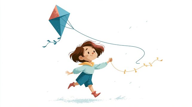 Joyful Child Running and Flying a Colorful Kite Outdoors