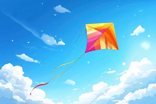 Colorful kite flying in clear blue sky with fluffy