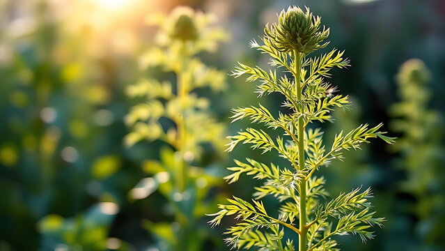 A tall lovage plant standing in a kitchen garden, its feathery green leaves catching the morning sun.