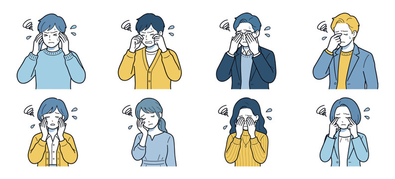 目の疲れや不快感を訴える男女8人のイラストセット
