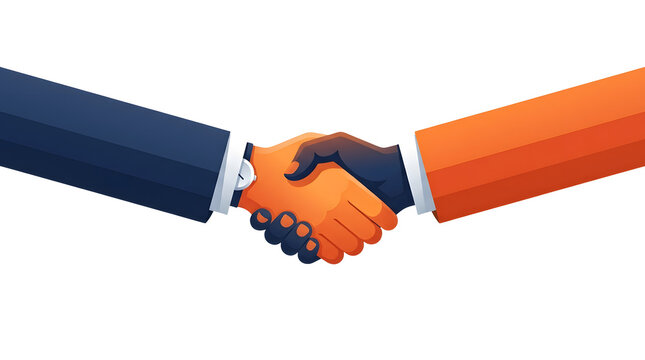 Two hands in business suits, one in a dark blue sleeve and the other in an orange sleeve, shaking hands against a plain white background, symbolizing partnership or agreement