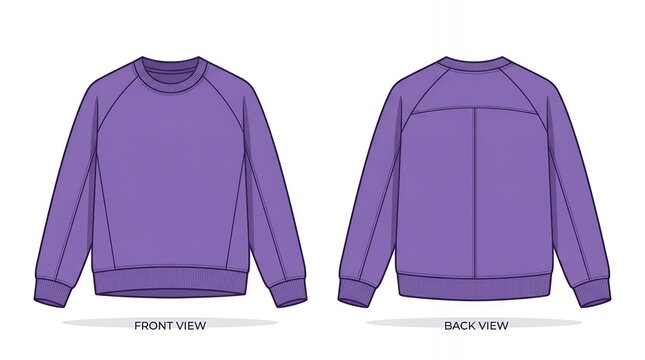 Blank Purple Crewneck Sweatshirt Flat Illustration for Tech Pack with Front and Back View Fashion Apparel Mockup