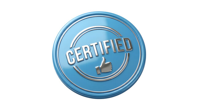 Blue circular seal with a metallic border