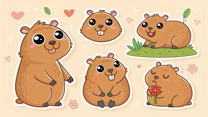 Fototapeta premium Cute cartoon capybara stickers set. Funny animal characters for scrapbooking and design. 