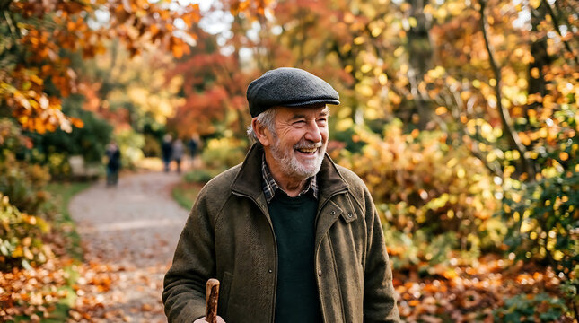 Joyful senior man with walking stick enjoys a vibrant autumn park stroll amidst golden foliage and crisp fall air autumn fall atmosphere