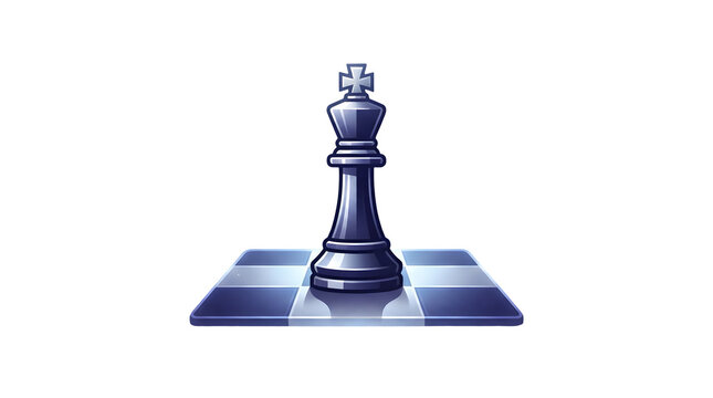 Isolated 3D rendering of a glossy dark blue chess king piece with a cross-shaped finial, standing on a reflective blue and white checkered chessboard surface