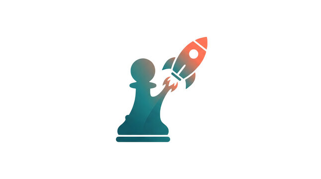 A stylized chess pawn figure with a smooth, rounded head and base, holding and launching a vibrant, colorful rocket with visible flames and a circular window