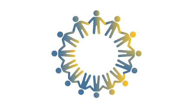 Circular arrangement of stylized human figures holding hands, symbolizing teamwork and unity, with alternating blue and yellow colors forming a continuous loop