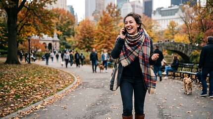 Obraz premium Woman laughing on phone in Central Park surrounded by vibrant autumn foliage and city skyline autumn fall atmosphere