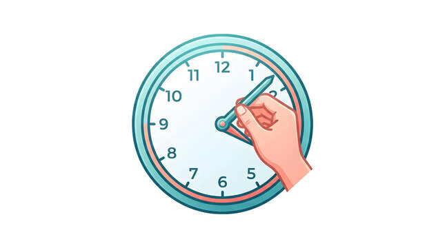 Illustration of a human hand adjusting the minute hand of a circular analog clock with a light blue and teal frame to set the time to approximately 3: