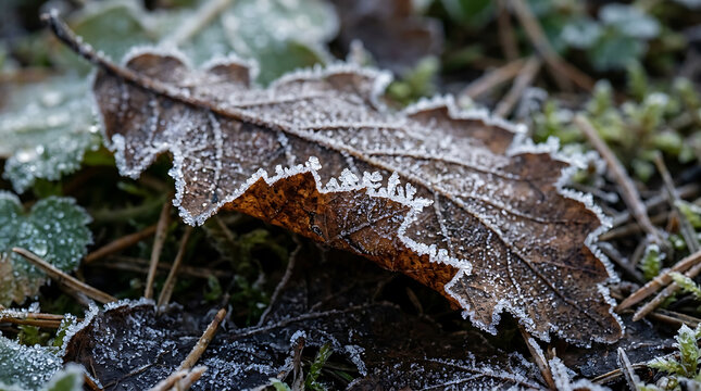 Autumn leaf covered in frost, symbolizing the transition to winter and the crispness of the season autumn fall atmosphere