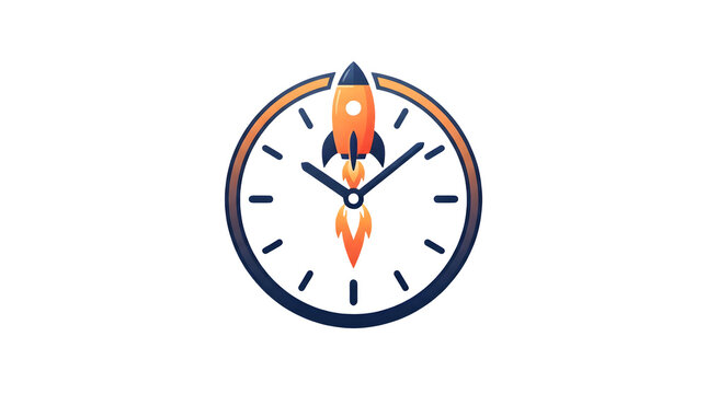 A circular analog clock with a white face, black hour and minute hands, and an orange rocket with flames replacing the second hand, set against a plain light background