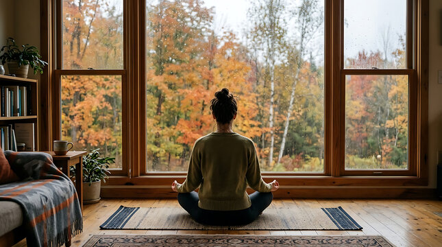 Woman meditating indoors by a large window with vibrant autumn foliage and rain outside cozy fall scene autumn fall atmosphere