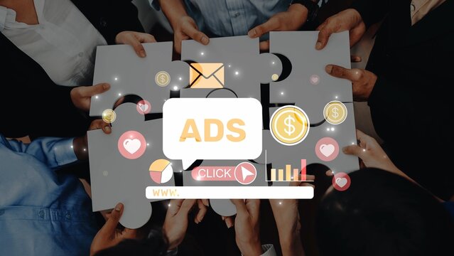 A collaborative scene featuring diverse hands holding puzzle pieces adorned with advertising symbols, representing innovative marketing strategies in the digital age. Raster
