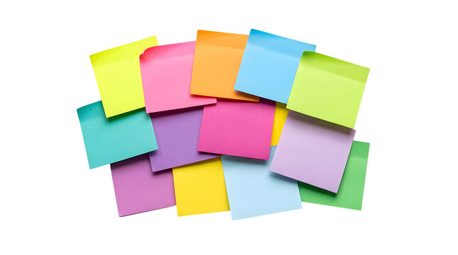 Overlapping colorful sticky notes in various bright shades like pink, yellow, orange, blue, and green arranged in a scattered pile on a white background