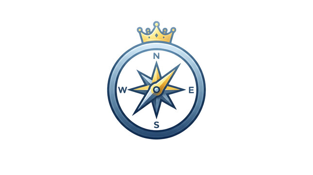 A blue and gold compass with a star-shaped directional indicator and cardinal points, topped with a golden crown