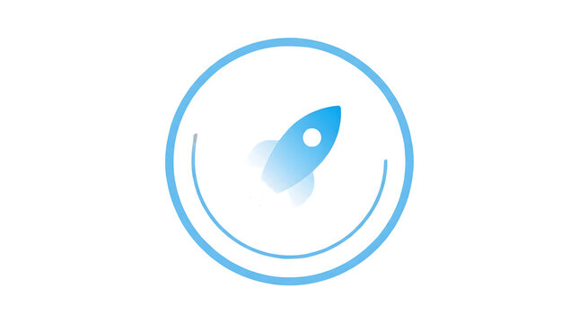 Minimalist vector illustration of a stylized blue rocket with a white porthole ascending inside a circular orbit path, symbolizing space exploration and technology on a clean white background.
