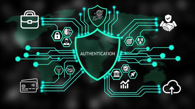  Cyber Security authentication Shield HUD Animation with Connected Business and Technology Icons Abstract Background