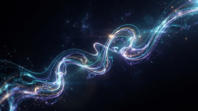 Abstract glowing light wave with glowing particles on dark background