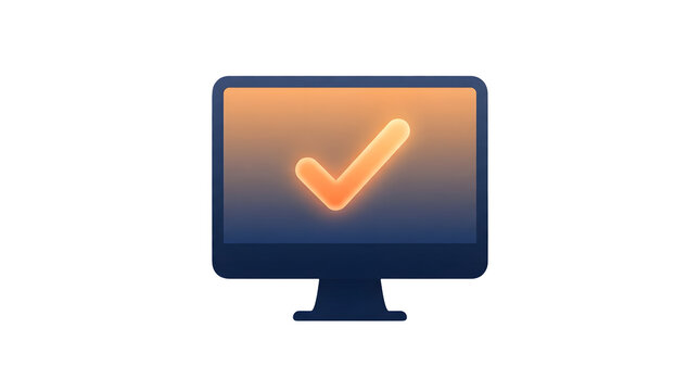 Modern computer monitor displaying a glowing orange checkmark symbol on a gradient background transitioning from dark blue to warm orange hues