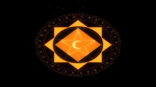 Ember orange magic circle summoning animation with octagram pentagram and crescent moon ignition on black background 4K luma key overlay
