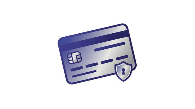 Illustration of a blue and silver credit card with a chip and a shield icon