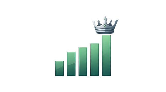Ascending green 3D bars with a metallic crown on top symbolizing achievement and success in a clean, minimalistic design on a white background