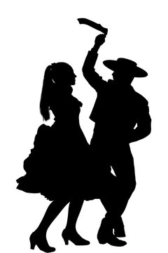 Couple dancing traditional chilean cueca, performing in silhouette with a transparent background