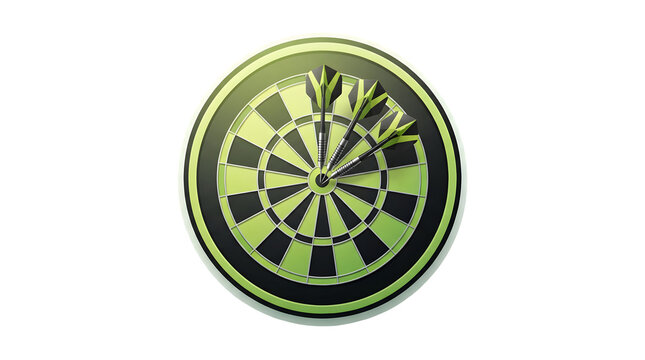 Green and black dartboard with three darts embedded in the bullseye area
