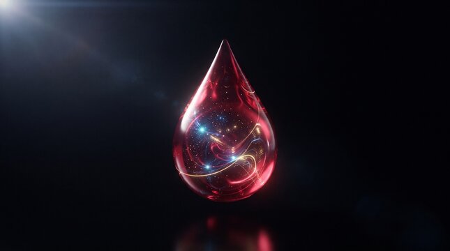 Glowing red liquid drop with internal light streaks
