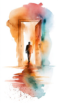 A watercolor painting of a person walking through an open door into a bright, colorful space symbolizing new beginnings and opportunities.