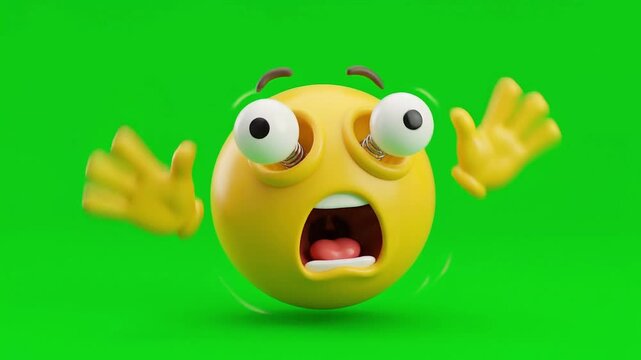 3D Panicked Yellow Emoji Screaming and Waving Hands on Green Screen Background.