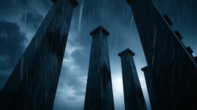 Dramatic view from below of dark monolithic pillars under a stormy sky with heavy rain and dramatic clouds creating a somber and mysterious atmosphere.