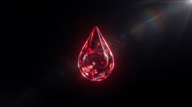 Faceted red gem drop with light flare on dark background