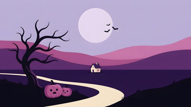 A beautiful minimal halloween landscape featuring a spooky house silhouette under a full moon with pumpkins and a winding path