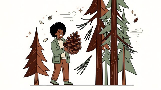 Man holding giant pine cone near pine trees in forest nature science study flat cartoon illustration