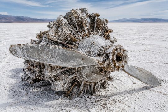 Dried starfish on salt flat with cracked earth and distant mountains