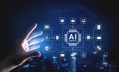 Futuristic Hand Reaching for AI Technology Interface Representing Artificial Intelligence and Data Management in a Digital World. Glyphic.
