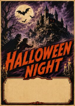 Vintage Halloween night poster with haunted castle and flying bat under full moon