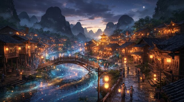 Ancient Asian village with illuminated houses, arch bridge, glowing river at night