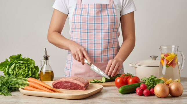 Woman wearing an apron cutting fresh vegetables next to a cut of picanha beef in the kitchen to prepare a healthy meal.